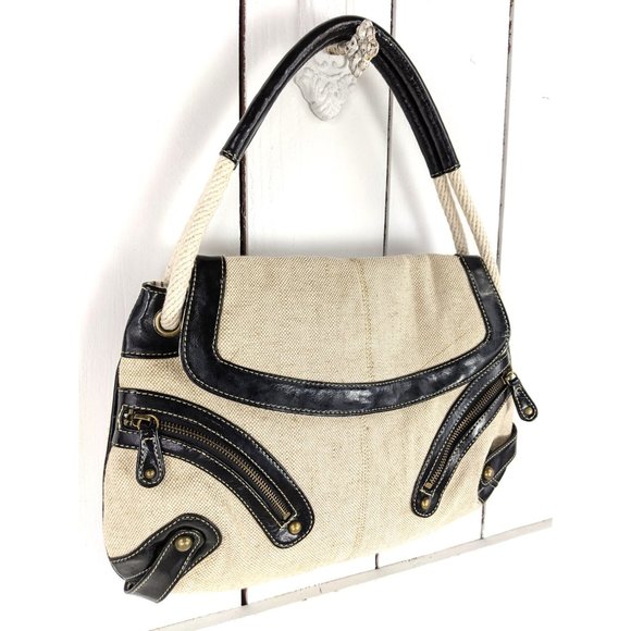 Vintage ivory black twill cotton shoulder rope bag - Picture 3 of 6